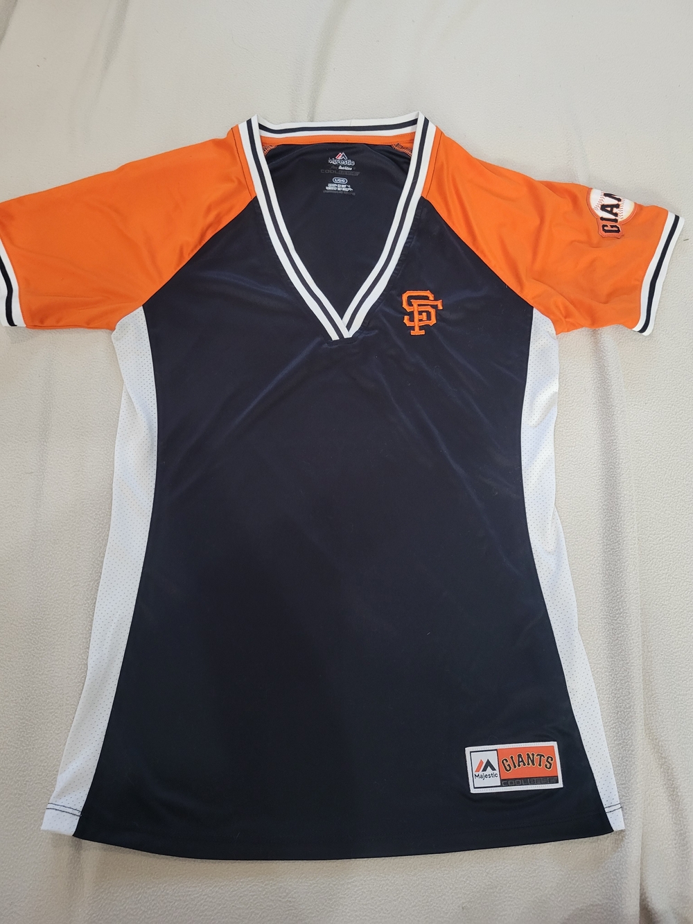 San Francisco Giants Womens Black and Orange V-Neck Baseball Top